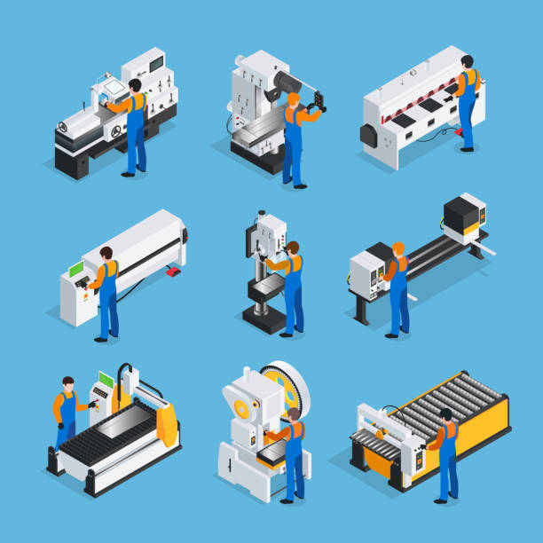 metalworking people isometric Metalworking people isometric set with factory worker characters and isometric images of industrial metal-working machinery vector illustration isometric factory stock illustrations