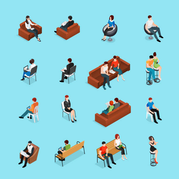 sitting people isometric set Sitting people isometric set of human characters and seat furniture isolated images with lounge chairs and benches vector illustration sitting on bench stock illustrations