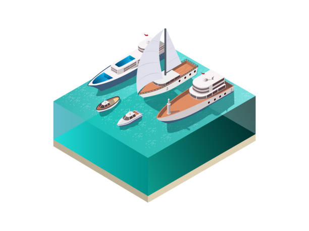 illustrazioni stock, clip art, cartoni animati e icone di tendenza di navi isometrico set - isometric nautical vessel yacht sailboat