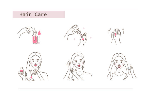 hair oil Beauty Girl Take Care of her Damaged Hair and Applying Treatment Oil. Woman Making Haircare Procedures.  Beauty Care Routine and Procedures. Flat Line Vector  Illustration and Icons set. bathroom silicone stock illustrations