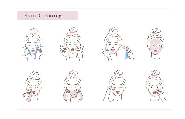 skin cleaning Beauty Girl Take Care of her Face and Use Cleansing Products for Skin. Skincare Procedures. Facial Cleaning, Mask, Moisturizing and Make Up Removing Concept. Flat Vector Illustration and Icons set. facial mask beauty product illustrations stock illustrations