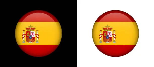 Vector illustration of Round Spanish Flag with coat of arms with crowns, a lion and a castle on the background of a shield. Flat vector emblem.