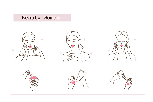 Beauty Girl Take Care of her Face and Body. Woman Applying Facial Serum Oil, Body Cream, Hand Cream. Skin Care Routine, Hygiene and Moisturizing Concept. Flat Vector Illustration and Icons set.