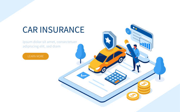 car insurance Man Character Signing Car Insurance Policy Form. Insurance Agent providing Security Document. Auto Care and Protection Concept. Flat Isometric Illustration. car insurance stock illustrations