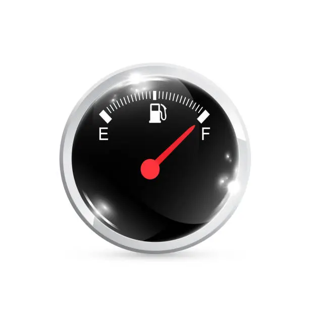 Vector illustration of Glossy rounded button with dashboard fuel gauge