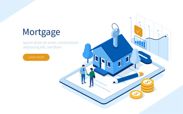 mortgage Character Buying Mortgage House and Shaking Hands with Real Estate Agent. People Invest Money in Real Estate Property. House Loan, Rent and Mortgage Concept. Flat Isometric Vector Illustration. banking illustrations stock illustrations