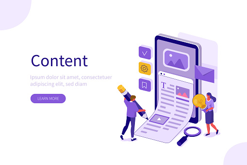 People Characters Creating and Marketing Content. Man and Woman Writing Author Blog for Social Media. Blogging, Copywriting and Content Management Concept. Flat Isometric Vector Illustration.