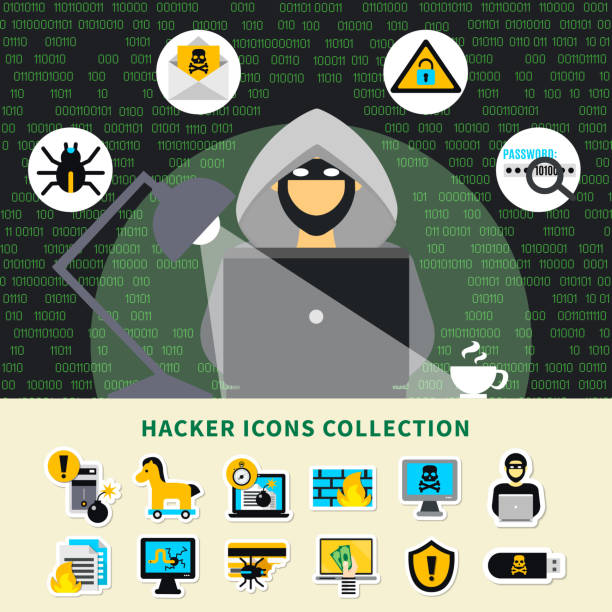 hacker Hacker activity icons collection with hacker in hood at notebook and cracking systems symbols cartoon vector illustration agent nasty stock illustrations