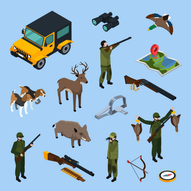 狩猟アイソメトリックアイコン - hunting rifle sniper duck hunting点のイラスト素材／クリップアート素材／マンガ素材／アイコン素材