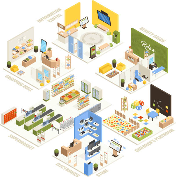 ilustrações de stock, clip art, desenhos animados e ícones de shopping mall isometric set - department store shopping mall store inside of