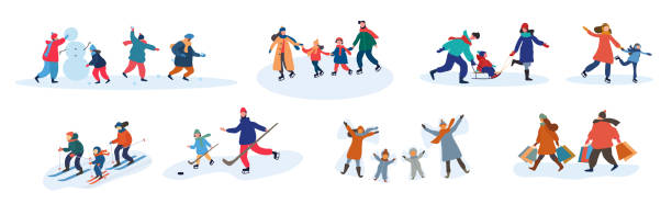 ilustrações de stock, clip art, desenhos animados e ícones de set of eight different family activities in winter - winter men joy leisure activity