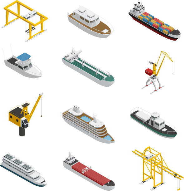 sea river port isometric set Sea and river vessel isometric icons set with motorboat barge tanker and port cargo equipment vector illustration barge stock illustrations