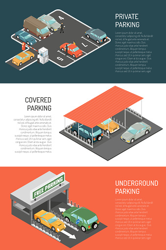 Set of three car parking horizontal banners with isometric compositions of underground and surface car parks vector illustration