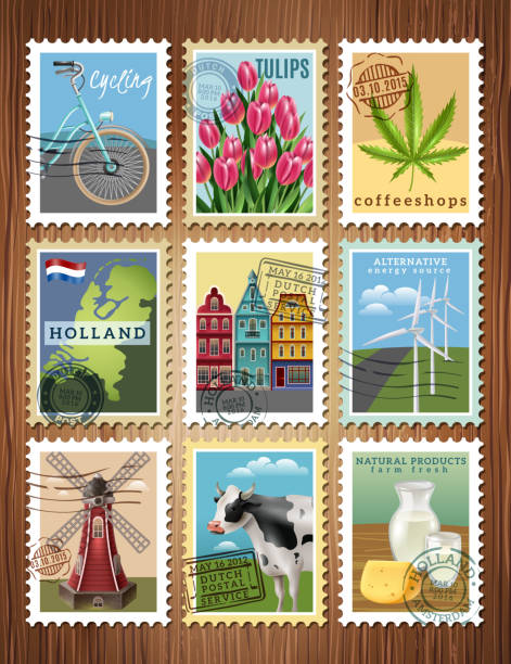 ilustrações, clipart, desenhos animados e ícones de holland holanda bandeira do pôster de viagem conjunto - amsterdam