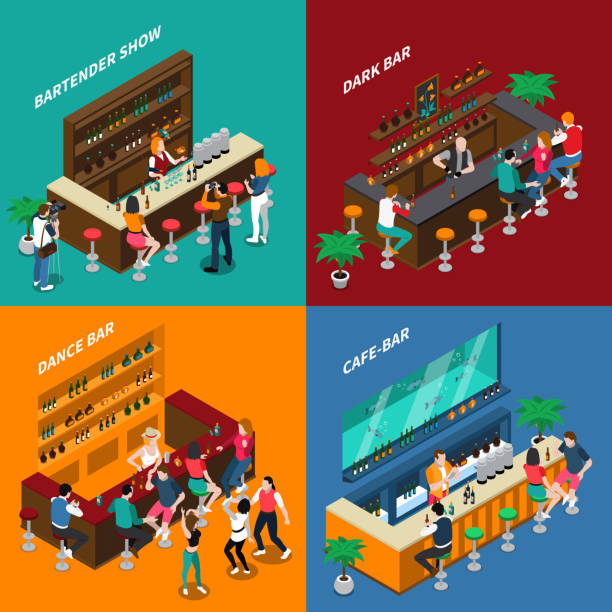 barman bartender cocktail isometric 2x2 People in bar 2x2 design concept of interiors with racks chairs bartenders and guests isometric vector illustration bartender illustrations stock illustrations