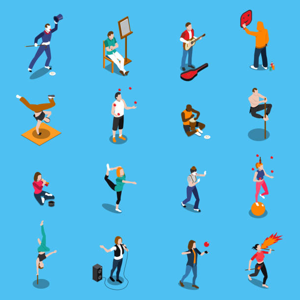 street artists isometric people Street artists isometric set with musicians, painter, acrobats, graffiti, dancer, pantomime on blue background isolated vector illustration charades stock illustrations