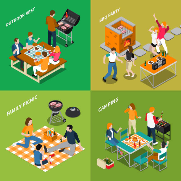 bbq grill picnic isometic 2x2 Bbq isometric compositions with outdoor rest, party with dancing, family picnic, camping, grill equipment isolated vector illustration barbecue meal illustrations stock illustrations