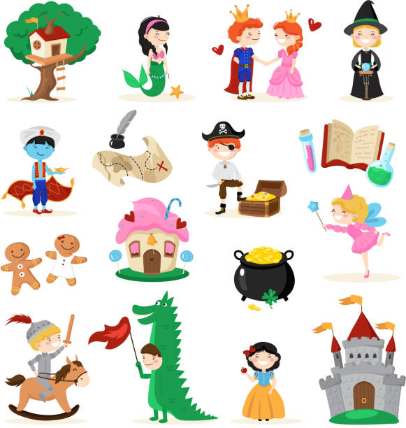 ilustrações de stock, clip art, desenhos animados e ícones de fairy tale characters magic children cartoon set r - child horse design symbol