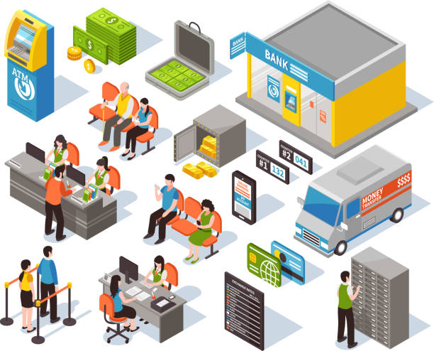 bank isometric set Bank isometric set including staff and visitors, office interior elements, atm and money, transportation isolated vector illustration cash in transit vehicle stock illustrations