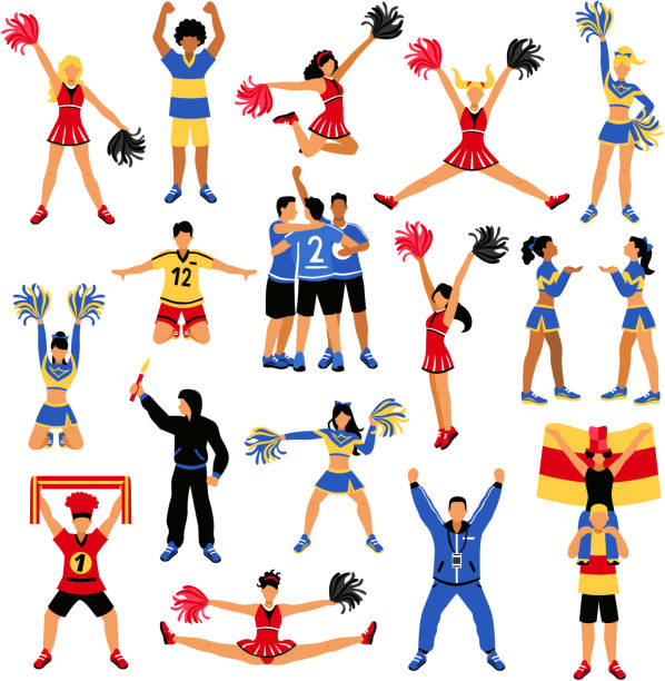 cheerleader supporter team sport club set Set of football players, trainer, fans with scarf and flag, girls cheerleaders with pompoms isolated vector illustration men watching soccer game stock illustrations