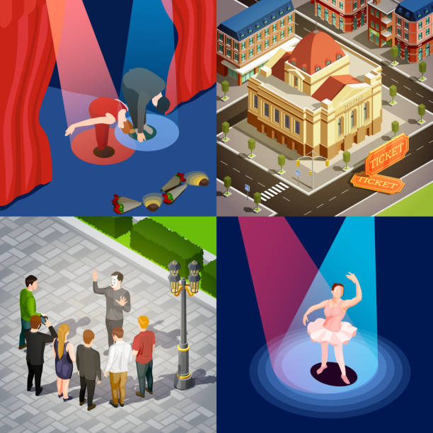 theatre  isometric Theatre buildings and actors performing at stage and outdoors 2x2 isometric icons set 3d isolated vector illustration charades stock illustrations