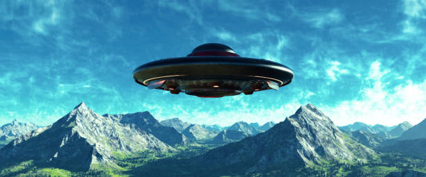 istock Ufo saucer above the mountain,3d rendering 1201181358