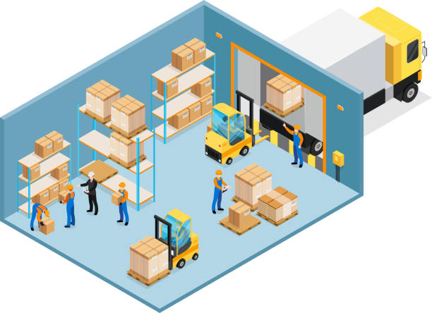 warehouse inside Warehouse inside isometric composition including manager and workers, forklifts, shelves with goods, unloading cargo vector illustration warehouse stock illustrations