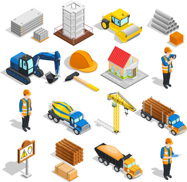construction icons isometric Construction isometric icons collection of isolated building equipment with images of workers machinery and constructional supplies vector illustration bulk cement stock illustrations