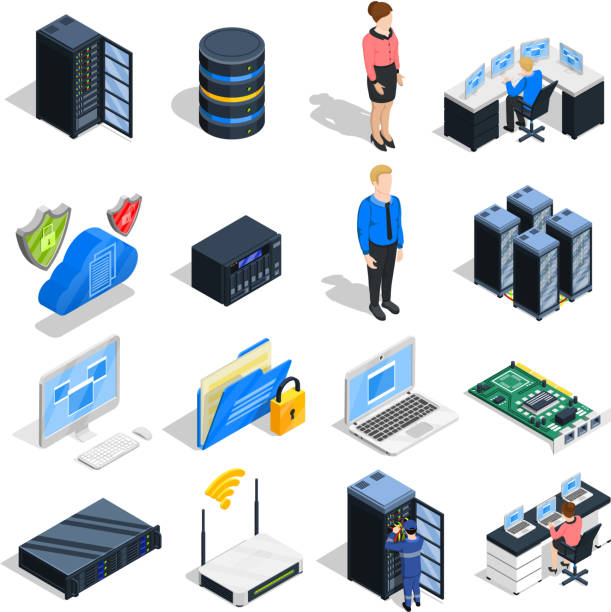 isometric icon datacenter Datacenter isometric icons collection of sixteen isolated computer and head-end equipment images with human characters vector illustration computer part stock illustrations