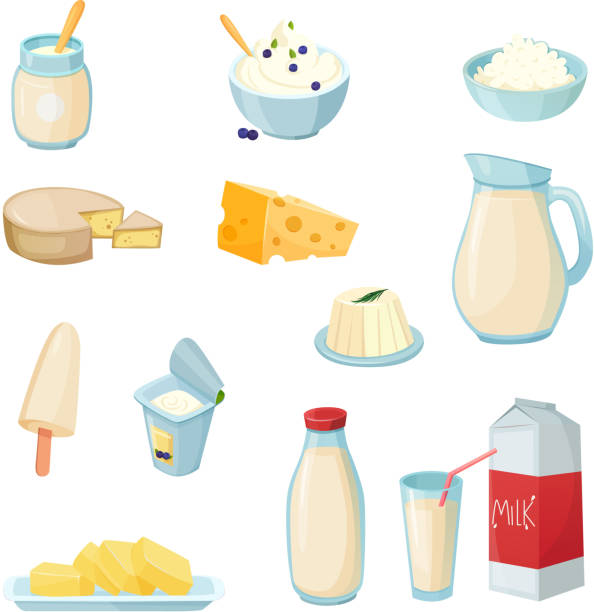 illustrations, cliparts, dessins animés et icônes de ensemble de produits laitiers - yogurt jar cream milk