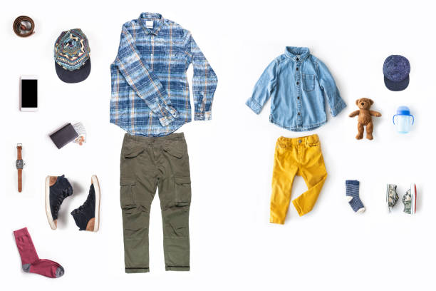 Dad and son outfits, flat lay shot Dad and son outfits, flat lay shot knolling concept stock pictures, royalty-free photos & images