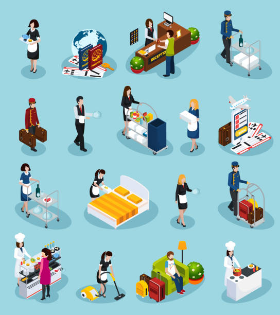 hotel service isometric icons Colored hotel service isometric icon set providing successful customer service for guest experience vector illustration hotel reception hotel business lobby stock illustrations