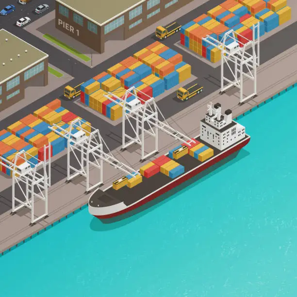 Vector illustration of sea river port isometric composition