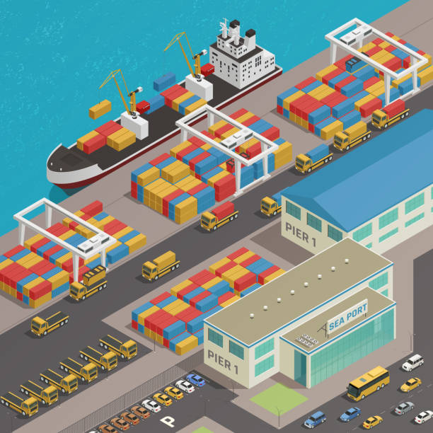 ilustrações de stock, clip art, desenhos animados e ícones de sea river port isometric composition - isometric sea coastline beach