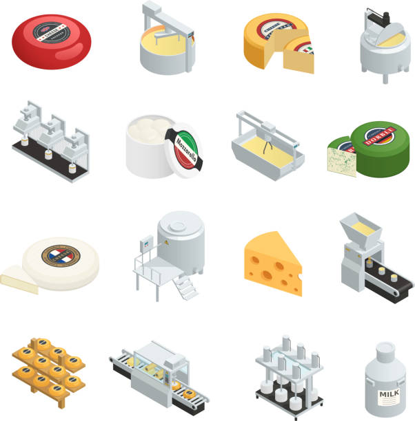 stockillustraties, clipart, cartoons en iconen met kaasproductie fabriek isometrische iconen - control room