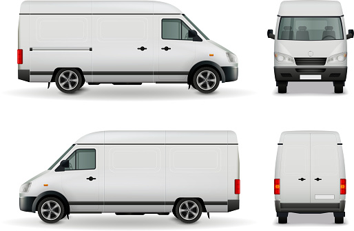 Realistic white cargo van with empty surface advertising mockup side view, front and rear vector illustration