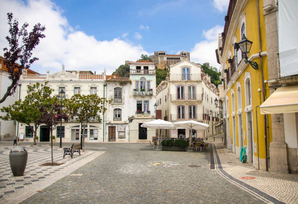 Portugal, Leiria, view of the old medieval castle, the main square of the old town, paving portuguese streets stock photo