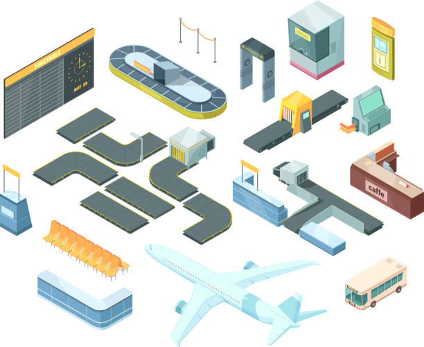 zestaw izometyczny lotniska - airport isometric airport security x ray stock illustrations