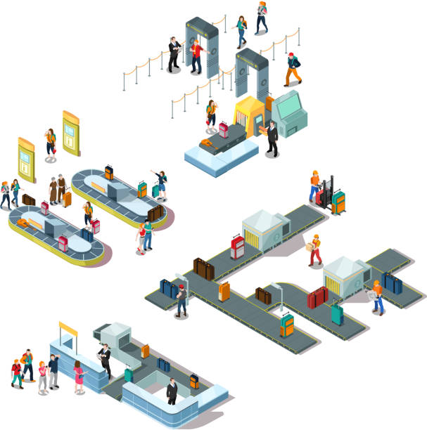 skład portu lotniczego - airport isometric airport security x ray stock illustrations