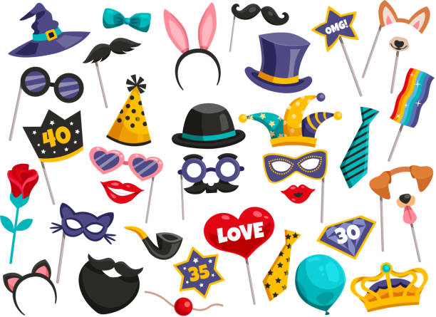 photo booth party set Colored isolated photo booth party icon set scattered mustaches masks hats on white background vector illustration photo booth stock illustrations