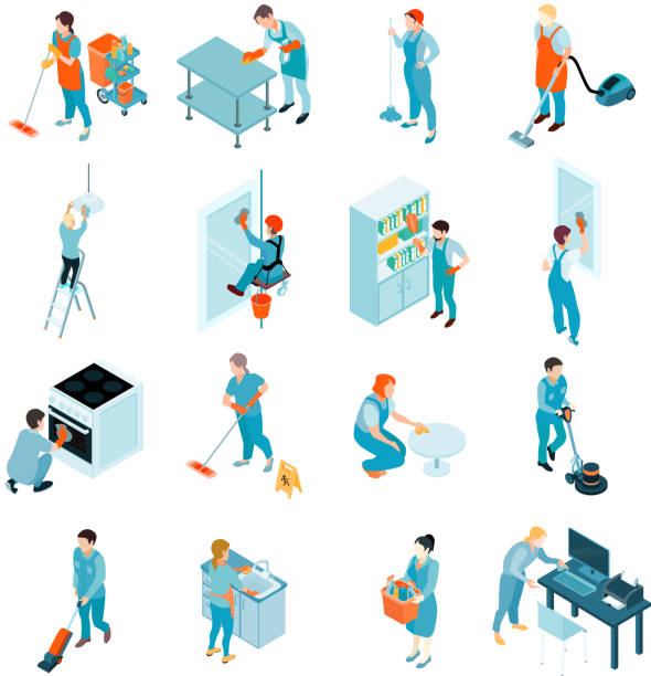 isometric cleaning service set Cleaning service isometric set including workers during washing of windows, floors, wiping of furniture isolated vector illustration appliance repair stock illustrations