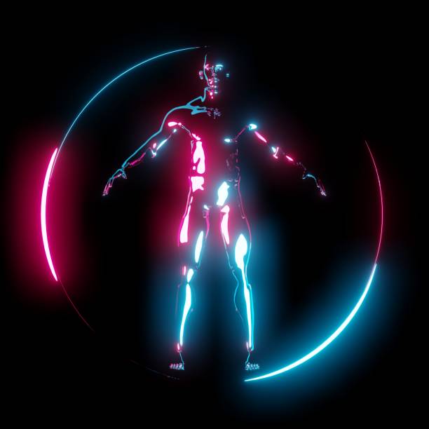 homme vitruvian de lumière de néon dans le cadre de cercle - vitruvian man flash photos et images de collection
