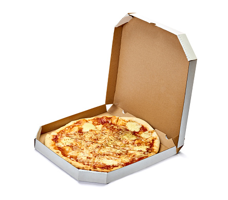 close up of a pizza in the box on white backgroubd
