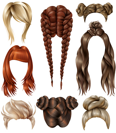 Set of realistic female hairstyles with haircuts, youth coiffures, long flowing hair, french braids isolated vector illustration
