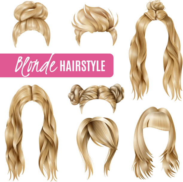 women hairstyle blonde set Set of coiffures for blond women with stylish haircuts and long hair, braided strands isolated vector illustration blond hair illustrations stock illustrations