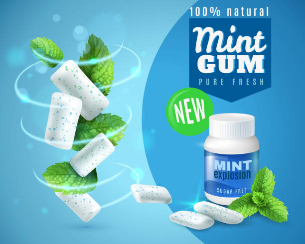 realistic mint gum poster Realistic mint gum poster with swirl of chewing pads and green leaves on blue background vector illustration mint chewing gum stock illustrations