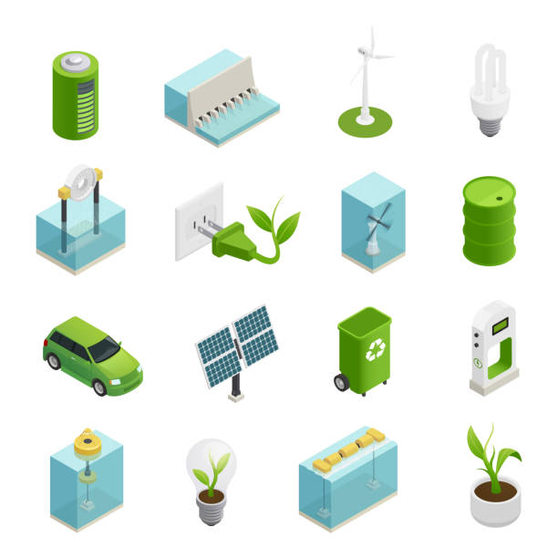 illustrazioni stock, clip art, cartoni animati e icone di tendenza di icone isometriche ecologiche dell'energia verde - hydro power