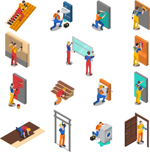 ilustraciones, imágenes clip art, dibujos animados e iconos de stock de trabajadores de reparación de casas isométricos - interface icons hammer home interior house