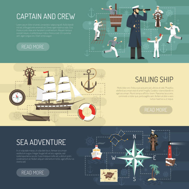 sailor nautical horizontal banners Sailing ship history captain crew and sea adventure information 3 horizontal banners webpage design isolated vector illustration marines navy sea captain stock illustrations