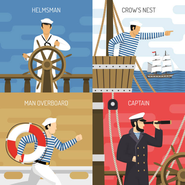 sailor nautical design concept Sail ship crew members at work 4 flat icons square with helmsman captain sailors isolated vector illustration marines navy sea captain stock illustrations